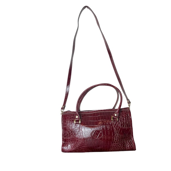 Ox Blood Crocodile-Embossed Satchel with Crossbody Strap - Picture 6 of 10